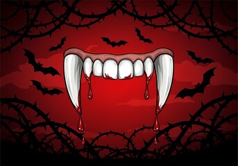 Illustration of vampire teeth with blood dripping down on a red background with bats and thorns