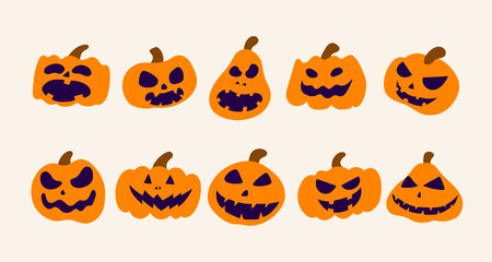 Set of orange pumpkin face in cartoon style characters for halloween festival on white background, Vector Illustration