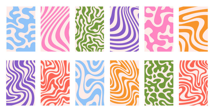 Abstract set vertical backgrounds with colorful waves. Trendy vector illustration in style retro 60s, 70s.