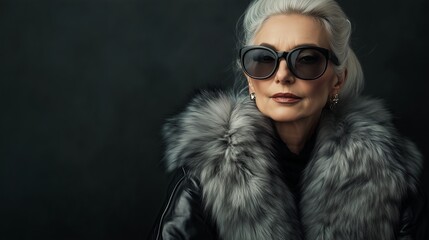 An elegant woman with gray hair, dressed in a stylish leather jacket with a fur collar, poses on a dark background. She wears large dark sunglasses and gold earrings, which gives her a sophisticated