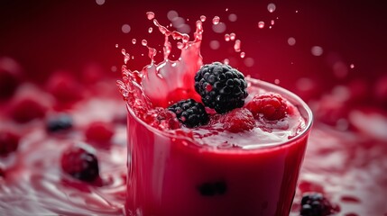 A glass with bright red berry juice, in which fresh raspberry and blackberry berries are visible, surrounded by spray of liquid. The background of the saturated red color with a blurry image