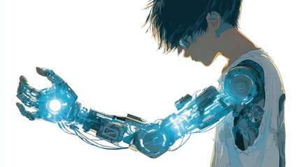 A young person examines a glowing cybernetic arm with intricate details, rendered against a white backdrop