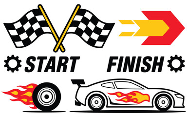 Start and finish race flag set with checkered patterns, speed stripes, and motorsport graphics, vector illustration of racing elements, automotive design, competition symbols, 