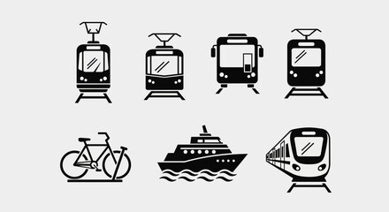 Collection of transportation icons including trams trains bicycle and ship silhouette