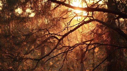 Warm sunlight filtering through the branches of trees in a dense forest