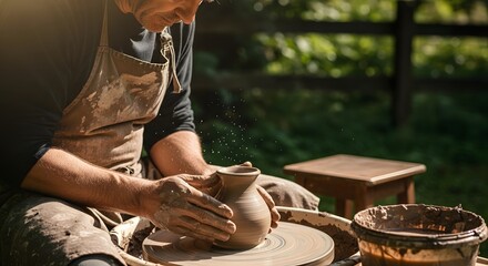 Craftsman shaping clay on a pottery wheel, creating beautiful handmade ceramics in his workshop, a timeless artistic tradition