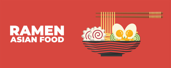 A bowl of ramen soup with chopsticks — Asian and Japanese cuisine banner. Perfect for restaurant branding, advertising, menu design, and marketing materials