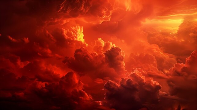 Ethereal red glowing storm cloudscape at night, dramatic fiery sky, surreal fantasy background. - Powered by Adobe