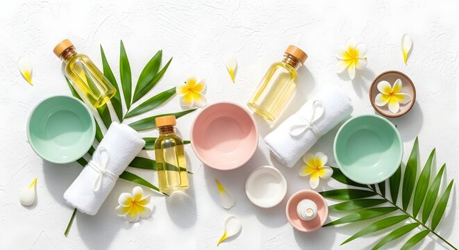 Elegant spa day essentials evoke tranquility and wellness with vibrant flowers, oils, and soft towels in a relaxing tropical setting