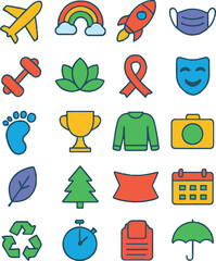Colorful flat icons representing world awareness and health campaigns. Ideal for promoting global causes, charity, environment, and social change projects.
