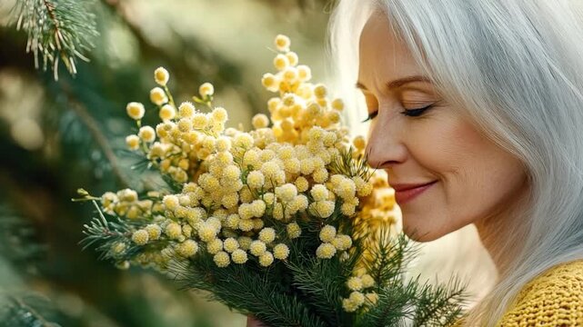 A woman appreciates the sweet scent of a bouquet of yellow flowers