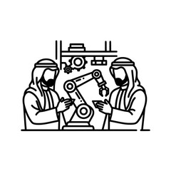 Two Arab men working with a robotic arm in a factory setting.