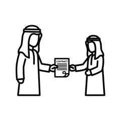 Two Arab men exchanging contract document business deal agreement concept.