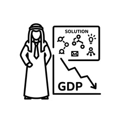 Arab man presenting a solution to declining GDP with a graph.