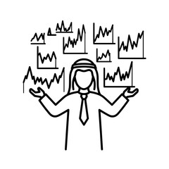 Arab businessman presenting financial data analysis charts and graphs.