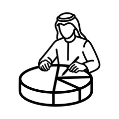 Arab man analyzing pie chart with pen business concept.