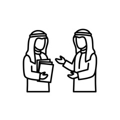 Two Arab men in traditional attire discussing business matters.