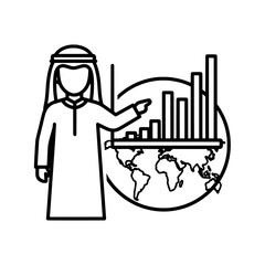 Arab man presenting global business data with world map and bar graph.