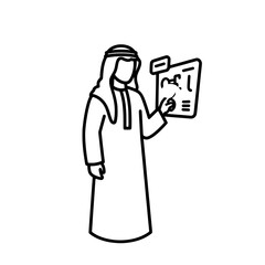 Arab man holding a paper wearing traditional clothes line art illustration.