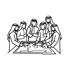 Arab businessmen in traditional attire discussing world map.