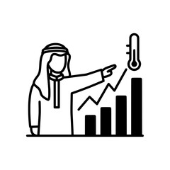 Arab man pointing at rising graph with thermometer business concept.