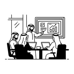 Arabian business meeting with presentation and laptop usage for teamwork.