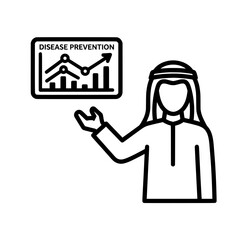 Arab man presenting disease prevention data analysis on a chart.