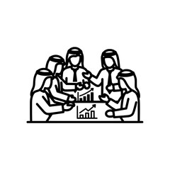Business meeting of Arab people discussing financial growth and charts.