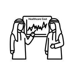 Two men in traditional attire discussing healthcare cost analysis on a board.