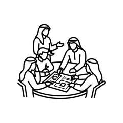 Group of people in traditional clothing discussing a project together at a table.