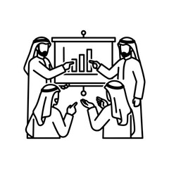 Arabian business meeting with presentation and discussion of financial data.