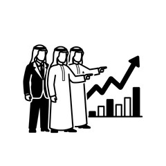 Businessmen in traditional attire pointing at a growing graph.
