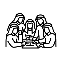 Group of Arab men in traditional attire gathered around a table.