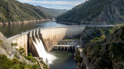 Aerial view of the belver dam in gavio, portalegre, portugal, europe