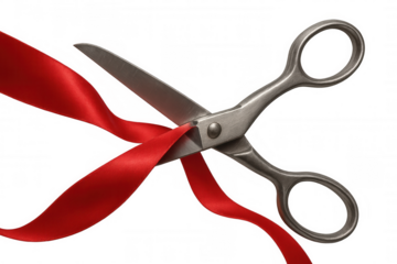 Scissors cutting red ribbon, indicating grand opening ceremony, inauguration, launch, or new beginning
