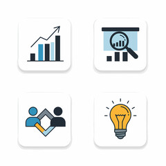 A set of modern business icons illustrating key concepts of corporate strategy, including data analysis, growth charts, teamwork, and innovation