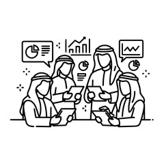 Fototapeta premium Arab business people in traditional attire analyzing financial data.