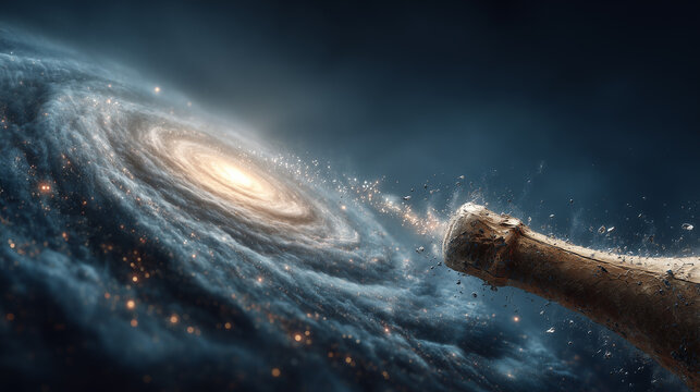 Surreal Champagne Bottle Uncorking with Spiral Galaxy Instead of Bubbles – Cosmic New Year Celebration with Glowing Stars and Dark Space Theme