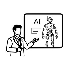 Man presenting AI concept with robot on whiteboard technology and innovation.