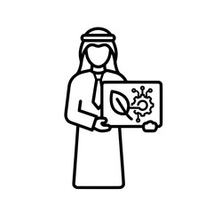 Arab man holding a tablet with a leaf and gear icon environmental technology.