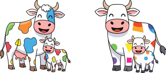 Colorful cartoon cows with abstract patterns, happy farm animals, mother and calf, fun children illustration design