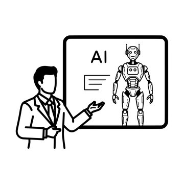 Man presenting AI concept with robot on whiteboard technology and innovation.