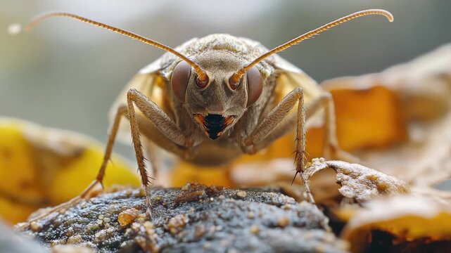 A small insect perched on a green leaf, with intricate details visible