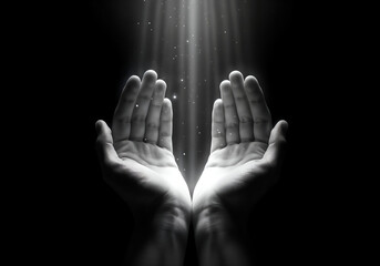 Hand prayer god faith holy worship on hope religion background of believe, church pray christian religious grace black white concept or love spiritual bible peace and spirit trust blessed light.
