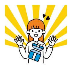 プレゼントと、当選のチャンスに喜ぶ若い女性の上半身ベクターイラスト素材