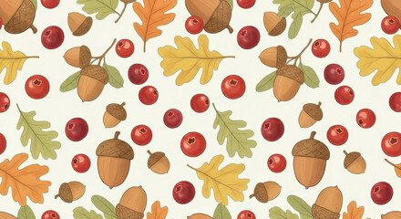 Autumnal pattern of leaves acorns and berries against a cream backdrop design