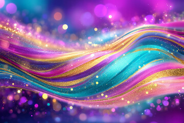Obraz premium Glitter Gold Pink Blue Wave Stripes Banner Design. Shiny moving lines design element with bokeh effect background