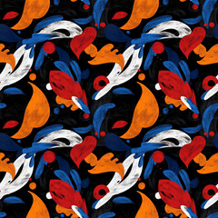 Abstract Pattern: A vibrant abstract pattern in a unique and colorful design, where fluid shapes dance against the dark canvas, creating a dynamic interplay of form and hue.