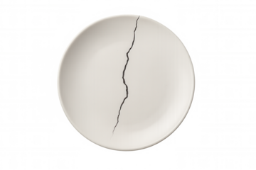 Broken white ceramic plate showing crack line representing damage, separation, failure, and fragility on transparent background
