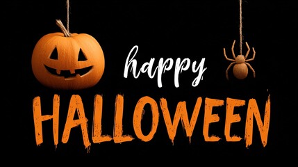 Halloween Vector Illustration: Pumpkin and Spider Hanging with "Happy Halloween" Text on Transparent Background